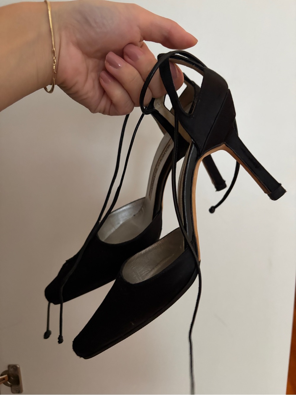 Manolo Blahnik Black Lace-Up Heeled Pumps